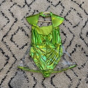 Woman Space Alien Costume Green Metallic Shiny Bodysuit with PVC Skirt Size M/L